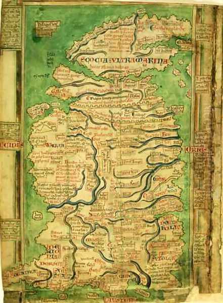 Cotton Claudius DVI, f.12v One of the earliest detailed maps of Great Britain extant, by Matthew Paris, c.1250 Oil Painting by Matthew Paris