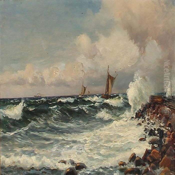 View From A Pier With Tall Waves Oil Painting by Holger Peter Svane Lubbers