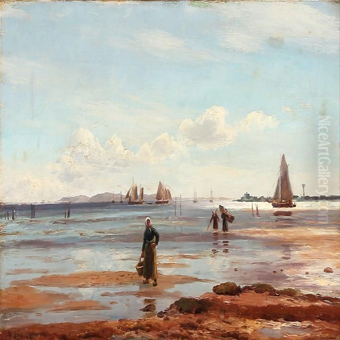 Coastal Scene With Fishermens' Wifes On The Beach At Halso Oil Painting by Holger Peter Svane Lubbers