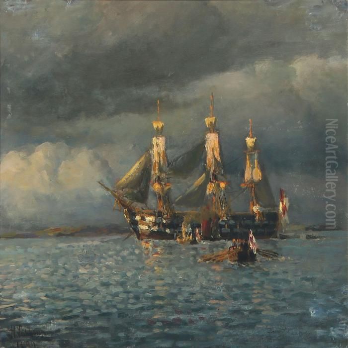English Warship At Anchor Where The Crew Has Gone To Theboats Oil Painting by Holger Peter Svane Lubbers