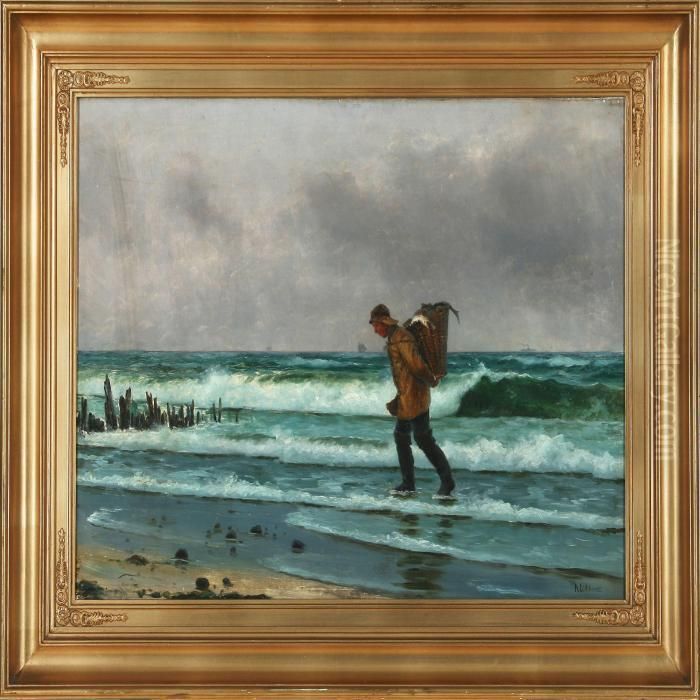 Fisherman On The Beach With A Basket With Today's Catch On His Back Oil Painting by Holger Peter Svane Lubbers