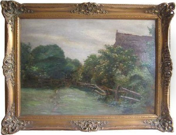 Hinter Einem Baum- Und 
Buschgurtel Reetgedecktes Haus. Unten Links Signiert H. Lubbers. Verso 
Etikett Der Galerie Commeter. Ol Auf Malkarton. 51 X 71 Cm Oil Painting by Holger Peter Svane Lubbers