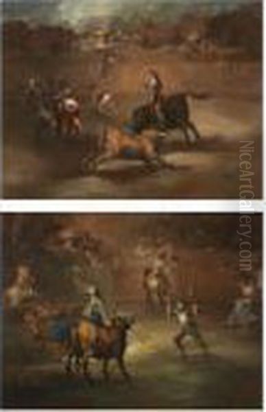 Mariano Ceballos Cabalgando 
(mariano Ceballos Mounted); Banderillas De Fuego (banderillas With 
Firecrackers) Oil Painting by Eugenio Lucas Velasquez