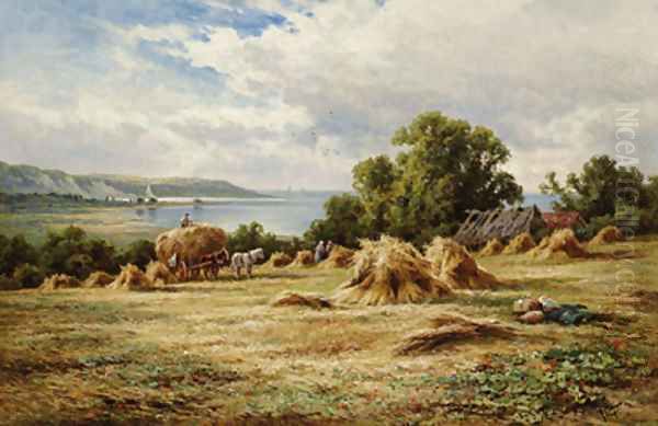 Harvesting on the Sussex Downs, near Eastbourne Oil Painting by Henry Hillier Parker