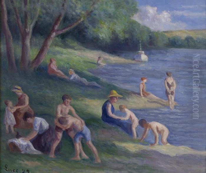 Plage A Mericourt Oil Painting by Maximilien Luce