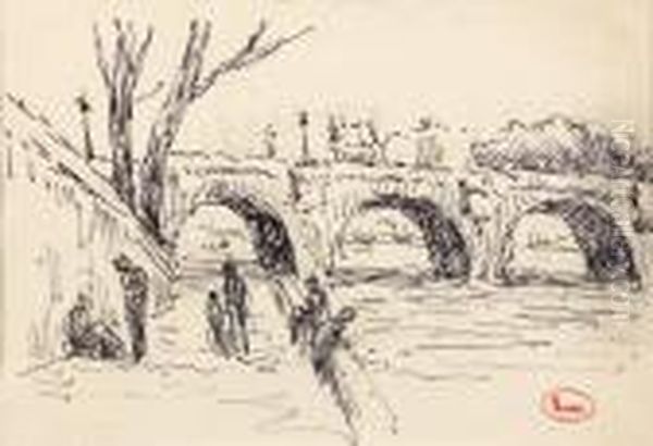 Paris, 
Personnages Sur Laberge Sous Le Pont Neuf Oil Painting by Maximilien Luce