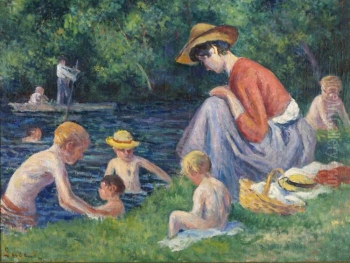 La Baignade Dans La Cure Oil Painting by Maximilien Luce