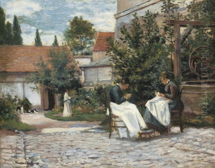 Gisors, La Couture Au Jardin Oil Painting by Maximilien Luce