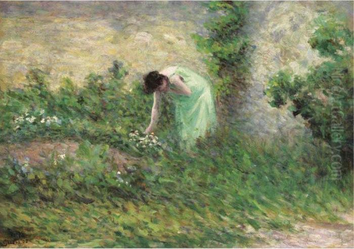 Gisors, Femme Cueillant Des Fleurs Oil Painting by Maximilien Luce