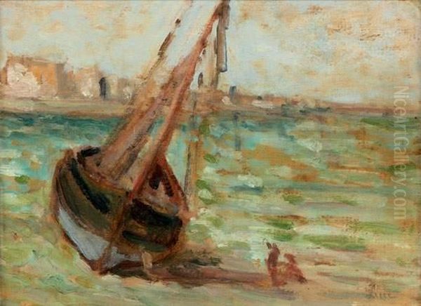 Barque Echouee, Le Treport
 Huile Sur Papier Maroufle Sur Panneau, Signee En Bas A Droite : Luce Oil Painting by Maximilien Luce