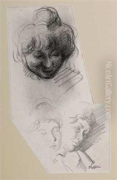 Trois Etudes De Visages De Femmes Oil Painting by Maximilien Luce