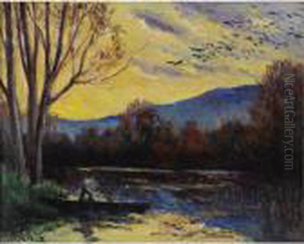 Moulineux, Coucher De Soleil Sur L'etang Oil Painting by Maximilien Luce
