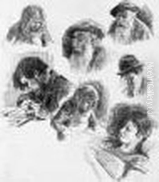 [planche Aux Sept Croquis - 
Portraits De Pissarro, Graveur Au Travail, Enfants?]. Vers 1900. Oil Painting by Maximilien Luce
