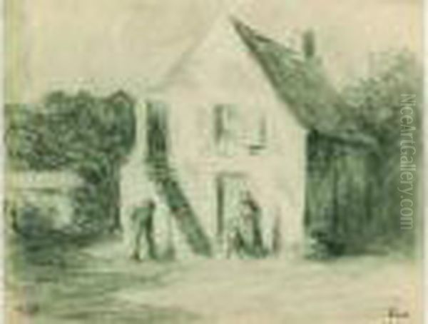 Cour De Ferme A Trois Personnages Oil Painting by Maximilien Luce