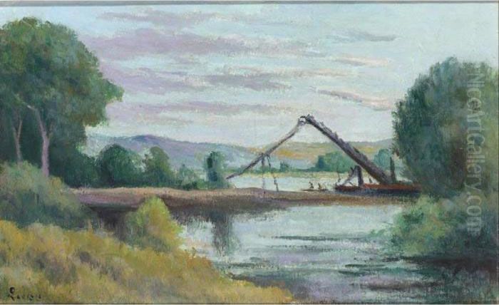 La Roche-guyon, Bord De Riviere Construction Du Pont Oil Painting by Maximilien Luce