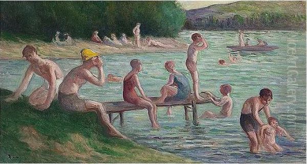 Mericourt, La Baignade, Stamped 
With The Signature, Oil On Canvas, 45 By 81 Cm., 17 3/4 By 31 7/8 In Oil Painting by Maximilien Luce