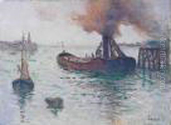 Remorqueur Et Peniches
 Dans Le Port De Dieppe Oil Painting by Maximilien Luce