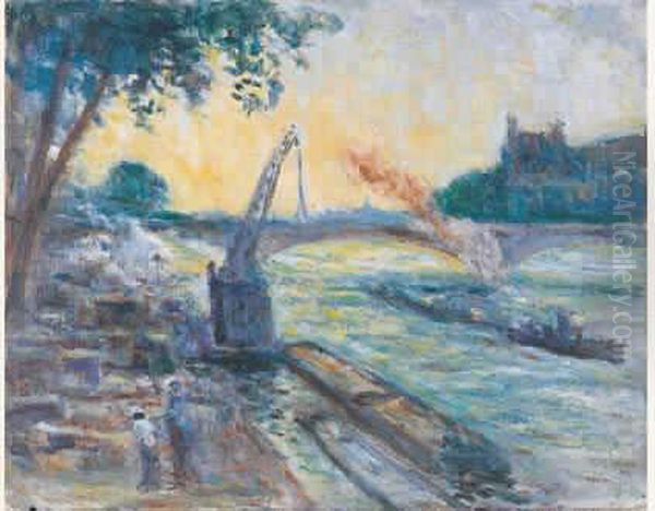 Paris, Peniches A Quai Devant Le Louvre
 Huile Sur Carton Toile Oil Painting by Maximilien Luce