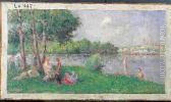 Personnages Au Bord De La Riviere Oil Painting by Maximilien Luce