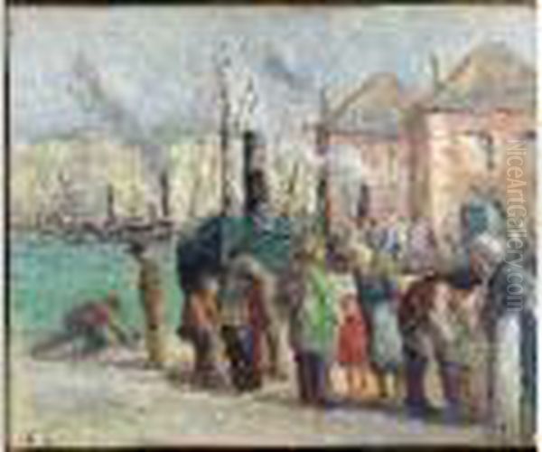 Dieppe, Personnages Au Port Oil Painting by Maximilien Luce