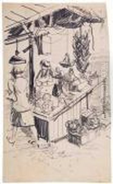 Vegetable Market Stall Oil Painting by George Luks