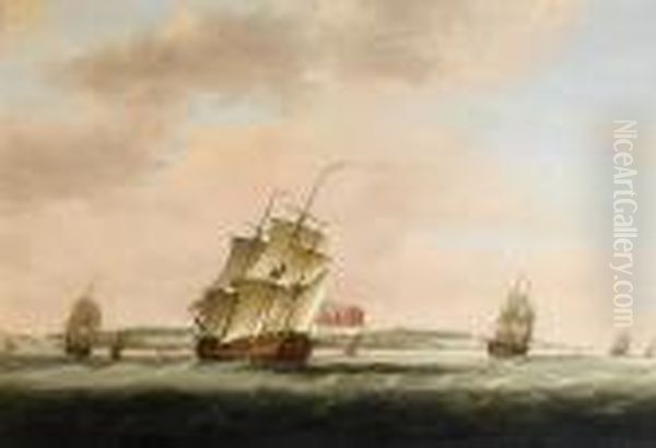 A Fifth Rate Of 44 Guns In Two Positions Off Dover With Other Shipping Nearby Oil Painting by Thomas Luny