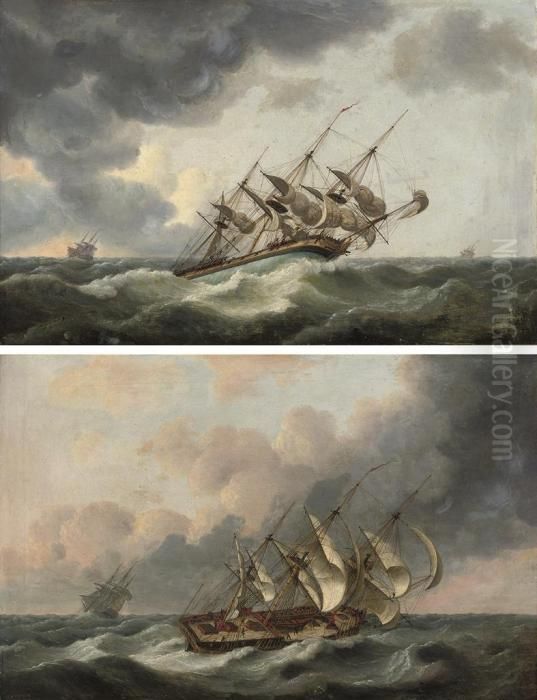 A Frigate Reefed Down And Riding
 Out The Gale; And A Merchantman Inclose Quarters In The Channel, In A 
Stiff Breeze Oil Painting by Thomas Luny