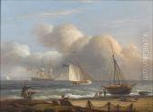 An Armed Cutter Caught In The 
Surf Off A Beach, With An Anchored Frigate Firing A Salute Offshore Oil Painting by Thomas Luny