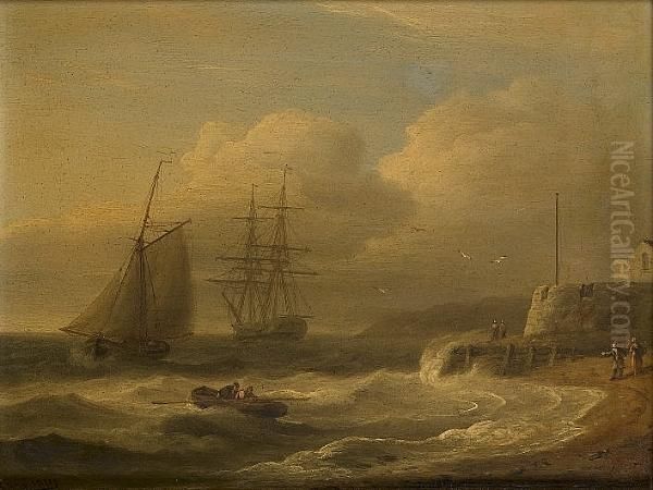 A Cutter Running Past Cowes 
Castle, Isle Of Wight, With An Anchored Brig Off The Mouth Of The Medina
 River Oil Painting by Thomas Luny