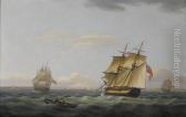 A Merchant Brig Passing Between 
Two Frigates Off The Coast, A Small Boat Off Her Port Beam Oil Painting by Thomas Luny