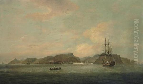 An English Frigate At Anchor Off
 The Island Of St. Helena, With A View Of Jamestown Beyond Oil Painting by Thomas Luny