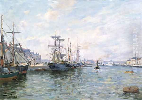 Ships in a Port Oil Painting by Edmond Marie Petitjean