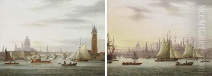 View Of Blackfriars Bridge And 
The Thames With St. Paul's Cathedral Beyond And View Of The Pool Of 
London With St. Paul's Beyond Oil Painting by Thomas Luny