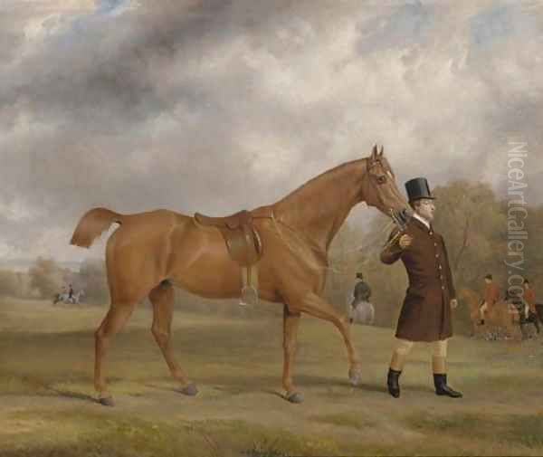 A bay hunter and groom, with a hunt beyond, in an extensive landscape Oil Painting by John Paul