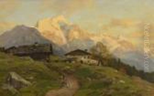 Blick Uber Einen Bergbauernhof Auf
 Den Hohen Goll. Oil Painting by Georg Macco