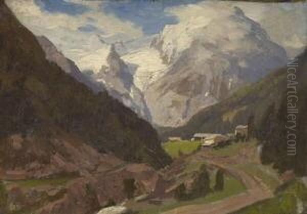 Blick Durch Ein Gebirgstal Auf Den
 Monte Rosa. Oil Painting by Georg Macco