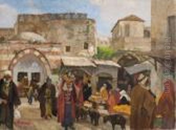 Jerusalem - Markt Vor Dem
 Damaskustor. Oil Painting by Georg Macco