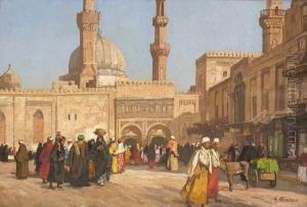 Strasenszene Vor Der
 Al-azhar-universitat In Kairo. Oil Painting by Georg Macco