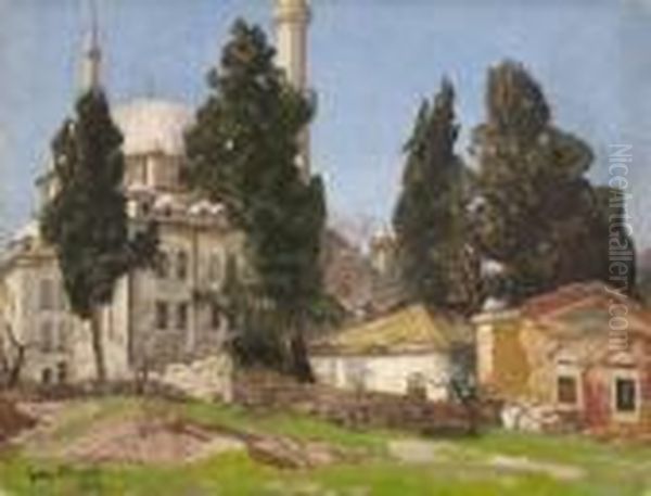 Blick Auf Die Eyup-sultan-moschee
 In Istanbul. Oil Painting by Georg Macco
