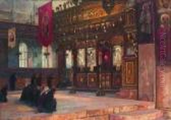 Innenraum Einer Orthodoxen Kirche
 Mit Ikonostase Und Betenden Glaubigen Oil Painting by Georg Macco