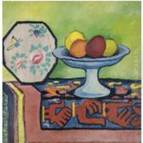 Stilleben Mit Apfelschale Und 
Japanischem Facher (still-life With Bowl Of Apples And Japanese Fan) Oil Painting by August Macke