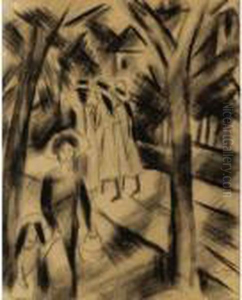 Property From A Private European Collection
 

 
 
 

 
 Frau Mit Kind Und Madchen Auf Der Strasse (woman With Child And Girls On A Road) Oil Painting by August Macke