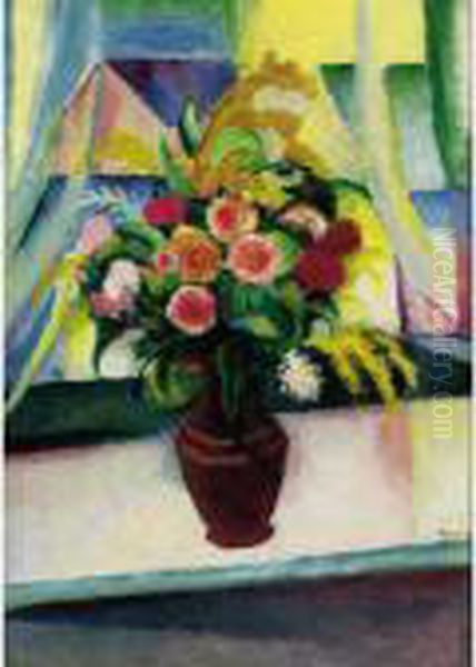 Stilleben: Bunter Blumenstrauss 
Vor Dem Fenster (still Life: Colourful Bunch Of Flowers In Front Of A 
Window) Oil Painting by August Macke