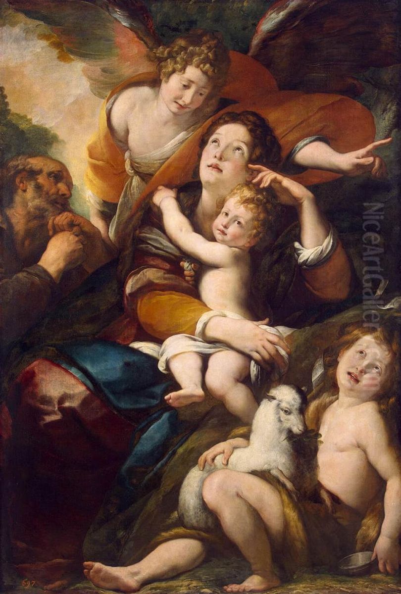 Holy Family with John the Baptist and an Angel Oil Painting by Giulio Cesare Procaccini