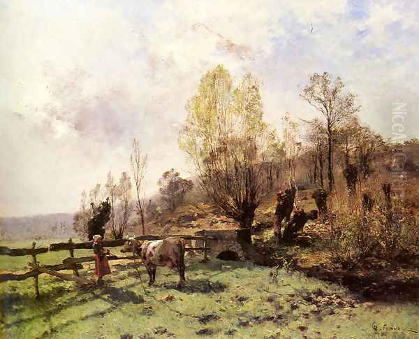 A Pastoral Scene with a Milkmaid and a Cow Oil Painting by Leon Germain Pelouse