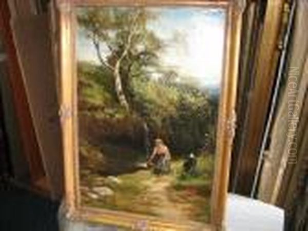 A Highland Lass And Her Collie By A Stream Oil Painting by John MacWhirter