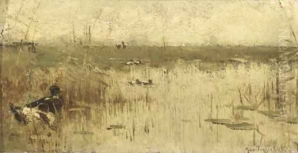Amongst reeds in the polder Oil Painting by Geo Poggenbeek