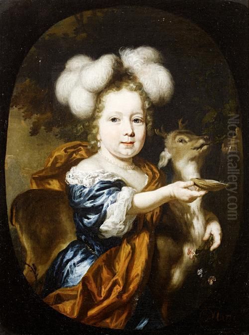 Portrait Of A Young 
Girl,three-quarter-length, In A Blue Silk Dress And Russet Shawl, Herarm
 Around A Young Deer, Holding A Sprig Of Flowers And A Shellbeneath A 
Water Fountain, Within A Painted Oval Oil Painting by Nicolaes Maes