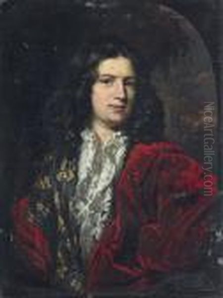 Portrait Of A Gentleman, 
Half-length, In A White Shirt With A Lace Collar, A Gold-embroidered 
Silk Doublet, And A Red Velvet Mantle, In A Feigned Oval Oil Painting by Nicolaes Maes