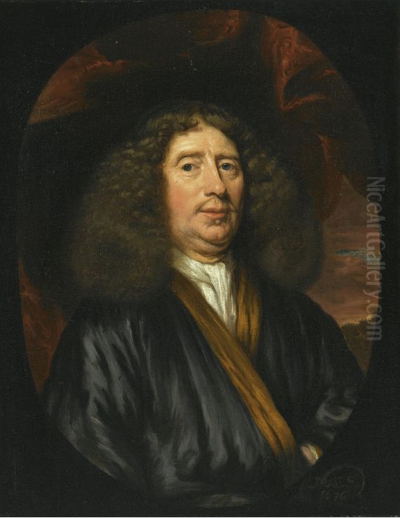Portrait Of A Gentleman, Half-length, Wearing A Dark Blue Coat With A White Chemise Oil Painting by Nicolaes Maes